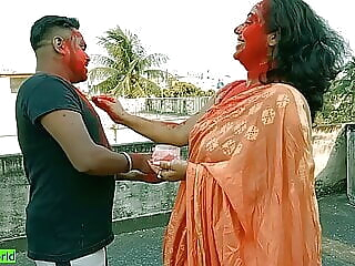 Beeg 18yrs Tamil boy fucking two beautiful milf bhabhis together at Holi festival amateur anal